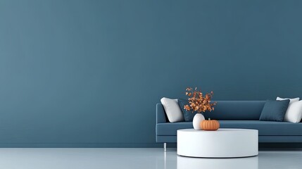 A beautifully arranged coffee table showcases vibrant flowers alongside decorative pumpkins, set on a sofa in a warm and inviting living room atmosphere