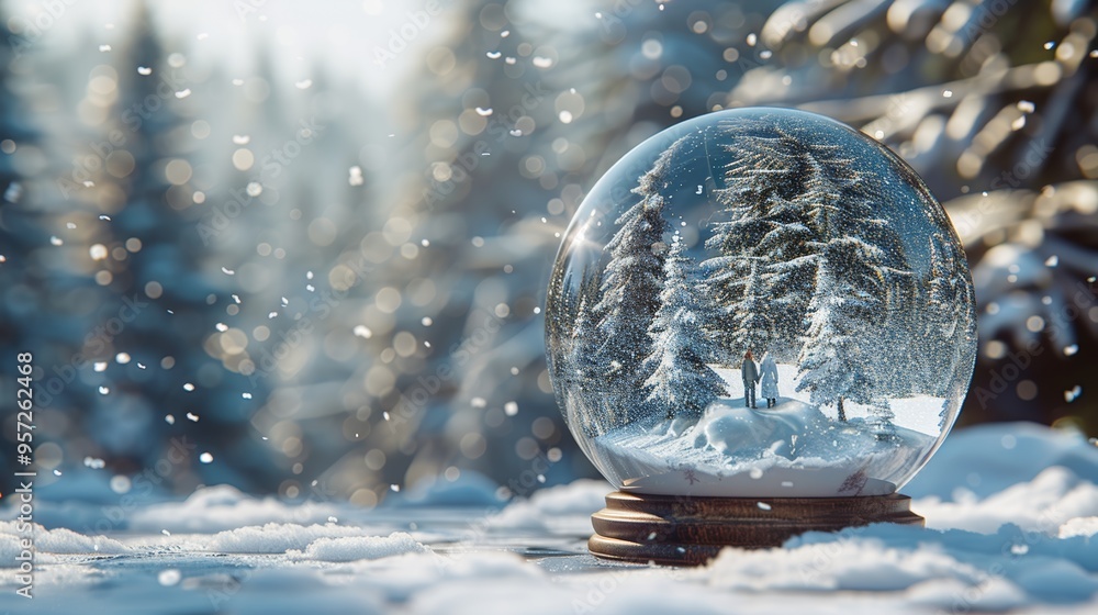 Poster a captivating snow globe featuring evergreen trees in a winter wonderland setting surrounded by soft