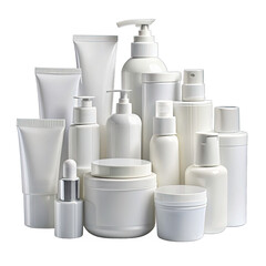 A collection of white cosmetic bottles and jars, neatly arranged in a pile on a white background. The containers are various shapes and sizes, with some having pumps, caps, and droppers