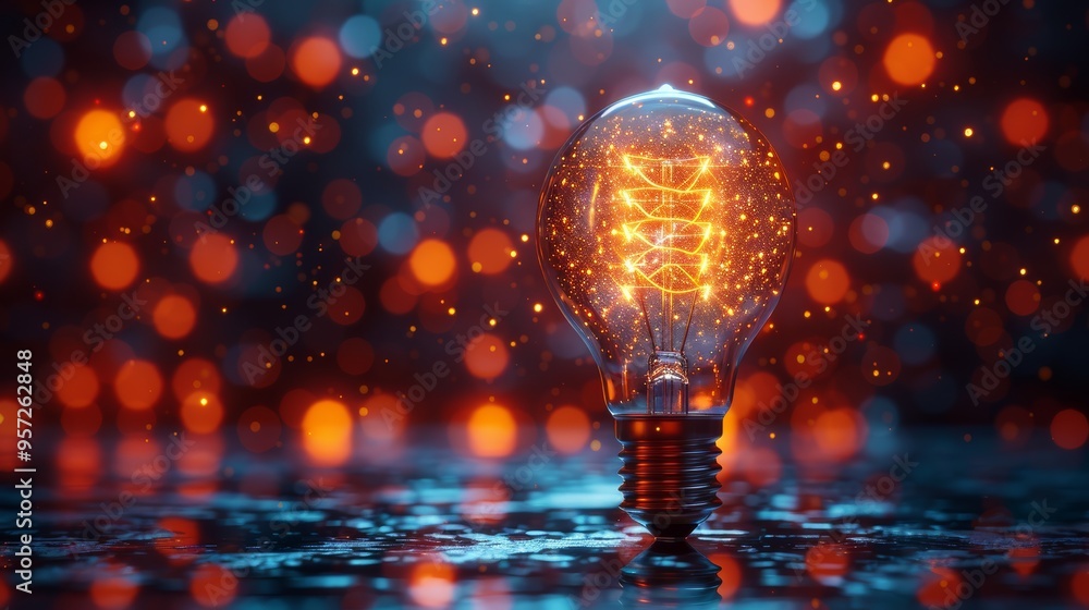 Poster a glowing filament light bulb surrounded by colorful bokeh in a reflective surface, showcasing moder