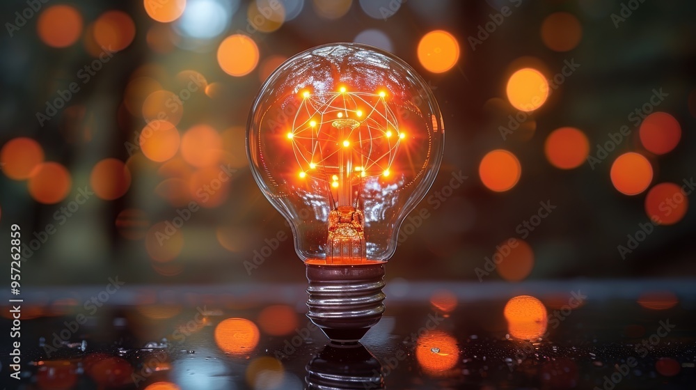 Poster bright glowing light bulb surrounded by colorful bokeh at dusk with intricate geometric design illum