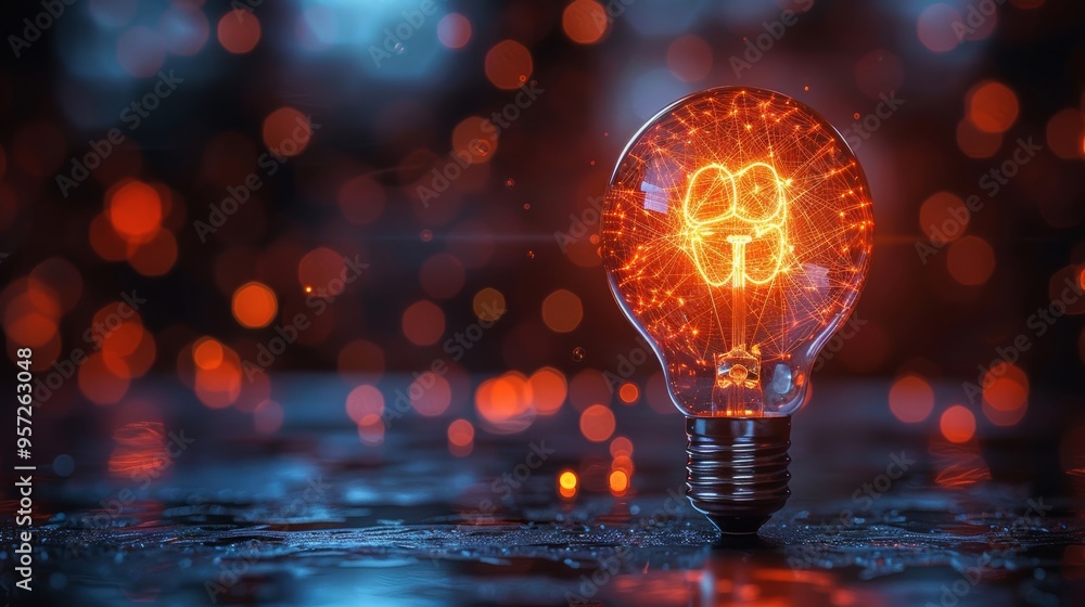 Poster glowing lightbulb emits orange sparks against a dark and moody backdrop in an artistic display of il
