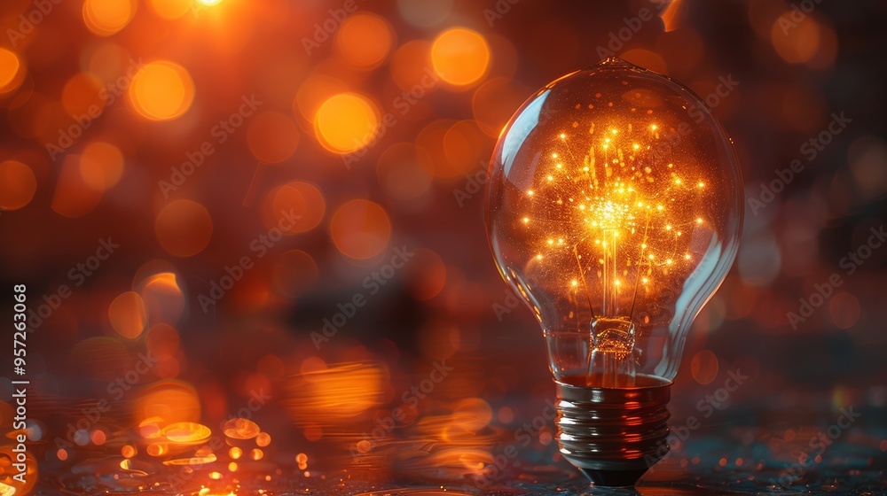 Poster glowing light bulb with sparkling filament illuminated against a blurred warm background