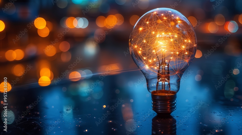 Poster a glowing light bulb with intricate filaments illuminates a dimly lit urban setting at night, surrou