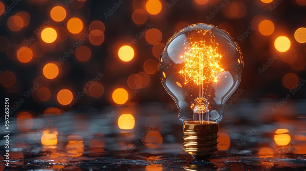 Poster illuminated light bulb on a wet surface with warm bokeh lights in the background during evening hour
