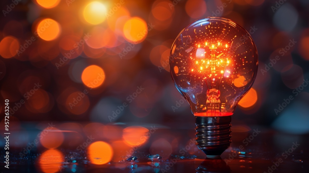 Poster a vintage light bulb glowing softly against a bokeh background during evening hours, creating an enc