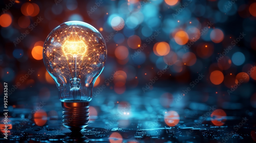 Poster a close-up of a glowing light bulb surrounded by colorful bokeh effects in a darkened setting, highl