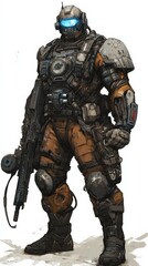 supeheroic game character design concept featuring powerful warrior in futuristic armor against a stunning fantasy landscape
