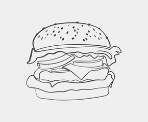 A detailed black and white drawing depicting a delicious hamburger placed on a clean white background, showcasing its exquisite features