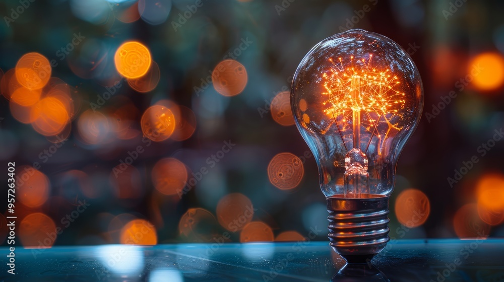 Poster A glowing light bulb surrounded by colorful bokeh lights on a reflective surface during an evening setting