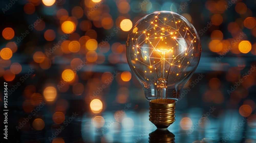 Poster a glowing light bulb emits warm light against a blurred background of golden bokeh in a creative dis