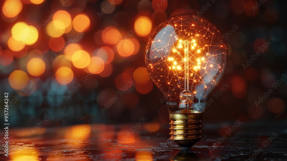 Poster a glowing light bulb with intricate filament design shines against a blurred background of warm boke