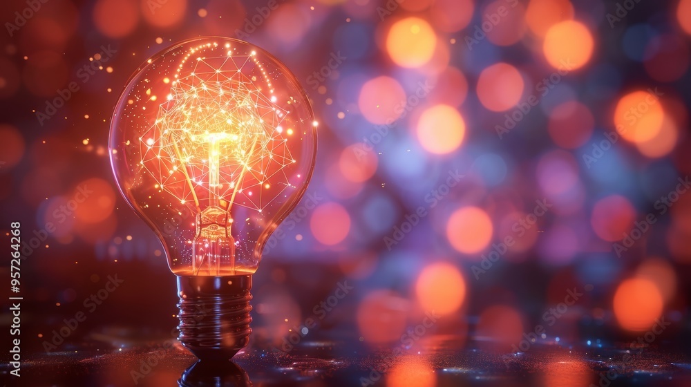 Aufkleber a glowing light bulb with intricate designs illuminates a colorful bokeh background, creating a warm