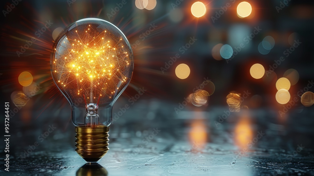 Poster a glowing light bulb stands on a reflective surface while sparkling particles create an enchanting a