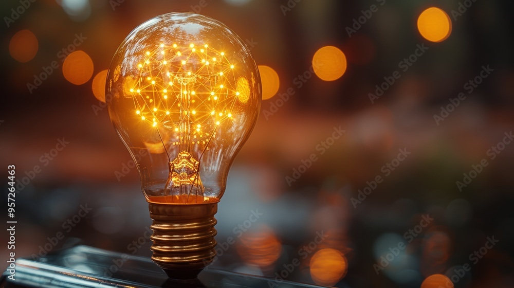 Poster glowing light bulb with intricate filament design illuminating a soft, blurred background of warm bo