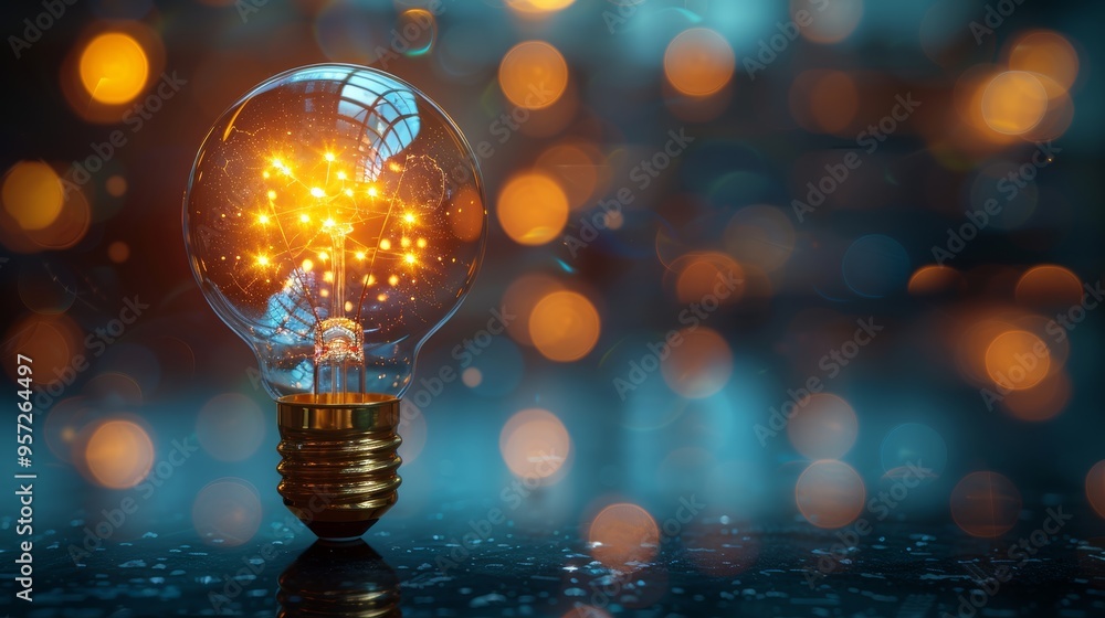 Poster a glowing light bulb with soft bokeh background illuminates a dark surface in a creative art setting