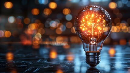 A glowing light bulb radiates warmth and creativity against a blurred background of colorful bokeh lights during the evening