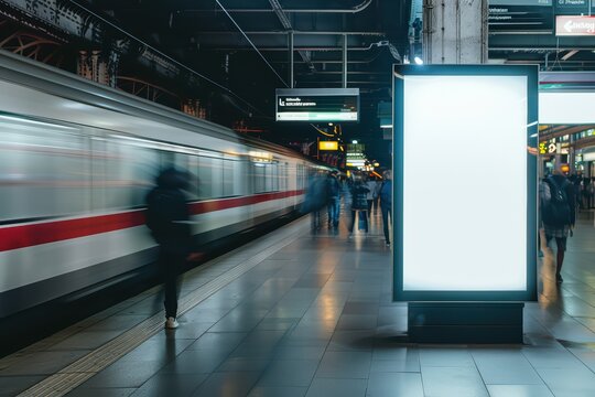A bustling train station scene featuring a moving subway train and an empty advertising board, capturing urban life and transit.