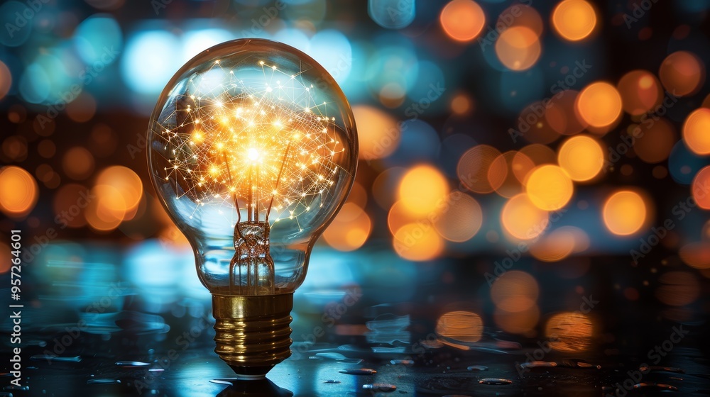 Aufkleber a glowing light bulb illuminates a dark surface with sparkling reflections during a nighttime settin