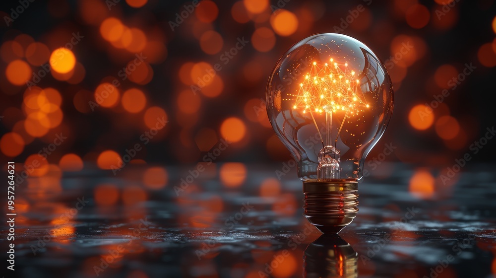 Poster a glowing light bulb reflecting warm bokeh lights that create an inviting atmosphere in a dimly lit 