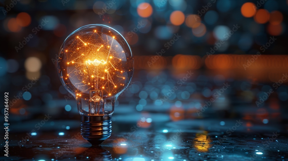 Poster a glowing light bulb illuminates a dark surface with intricate patterns of light during a moody even