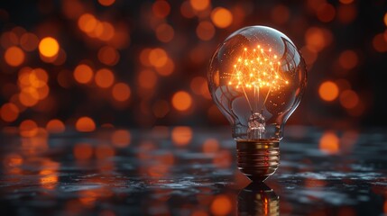 A glowing light bulb reflecting warm bokeh lights that create an inviting atmosphere in a dimly lit room during evening hours