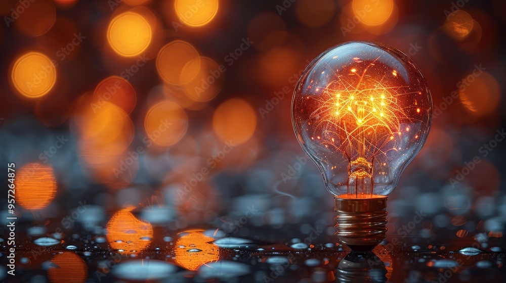 Poster a close-up of a glowing light bulb reflecting colorful bokeh and water droplets on a dark surface du