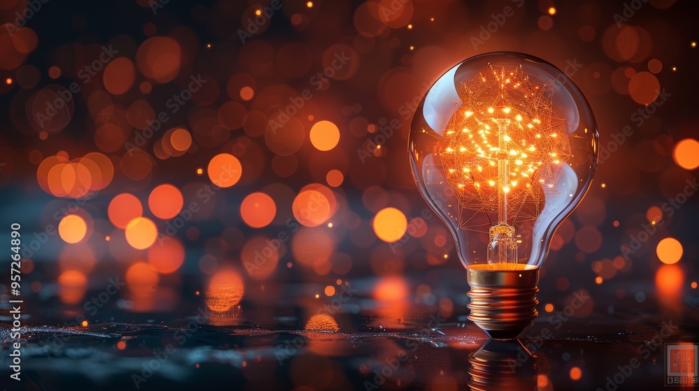 Poster a glowing light bulb illuminates a dark background with vibrant bokeh effects and shimmering reflect