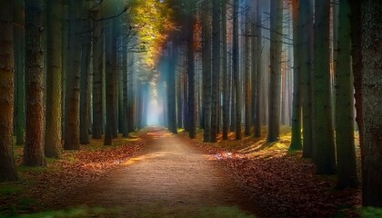 Naklejka premium Camino rural en medio de un bosque otoñal