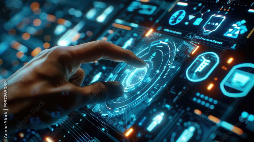 Poster a close-up of a hand interacting with a futuristic digital interface, showcasing advanced technology