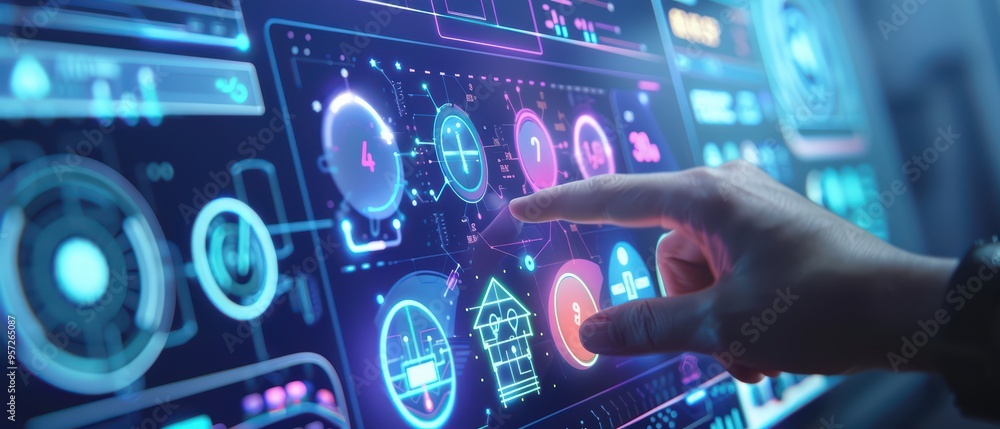 Poster a close-up of a hand interacting with a futuristic digital interface featuring various controls and 