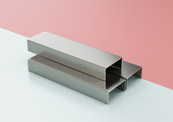Three Metallic Staple Pins Blocks Rest On A Split Light Blue And Pink Background 3D Illustration