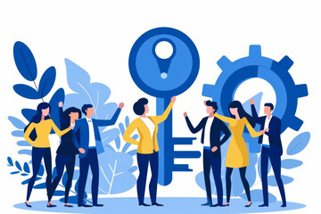 A diverse group of professionals collaborating with a key symbol and gears, representing teamwork and problem-solving.