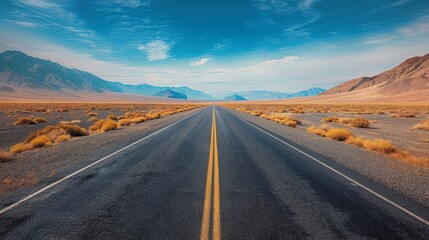 A long, empty road stretches through the desert landscape under a blue sky with distant mountains, captured during midday in a remote area