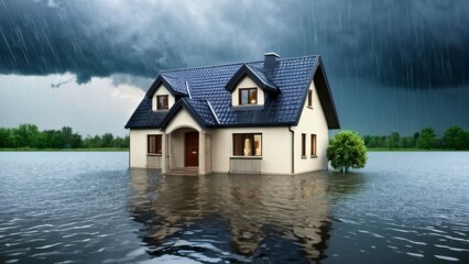 Fototapeta premium Flooded House Under Heavy Rain: Home Insurance Concept Art