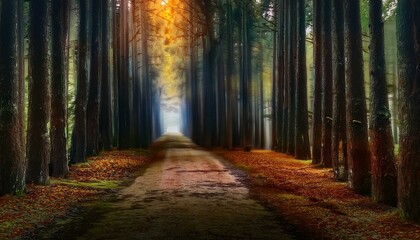 Naklejka premium Camino en medio de un bosque de pinos otoñal