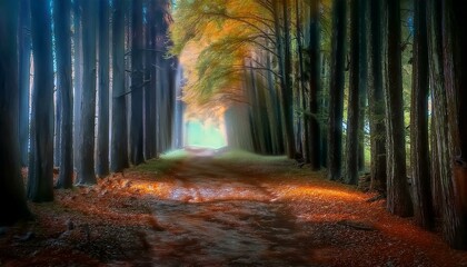 Naklejka premium Camino en medio de una bosque de pinos otoñal