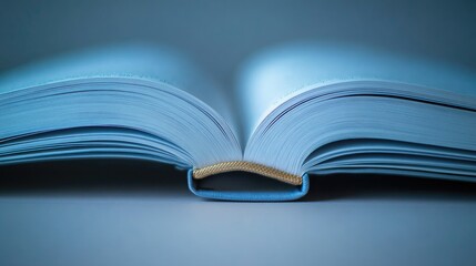 Fototapeta premium Open Book in Soft Blue Light: A close-up shot of an open book, its pages softly illuminated by a cool blue light, creating a serene and inviting atmosphere conducive to reading and learning.