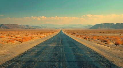 Fototapeta premium A long, empty road stretches through a vast desert landscape under a blue sky at sunset in an arid region