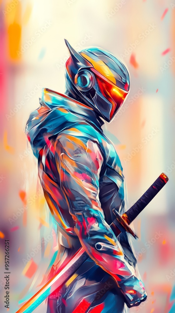 Poster supeheroic character design featuring a futuristic warrior in vibrant colors with a sleek sword agai