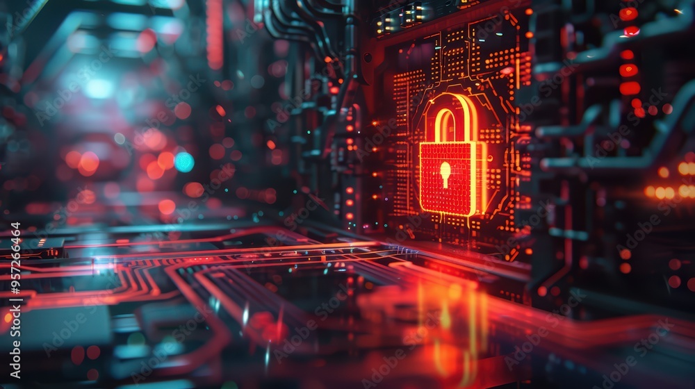 Poster a futuristic digital lock symbol glowing in red on a circuit board, symbolizing cybersecurity and da