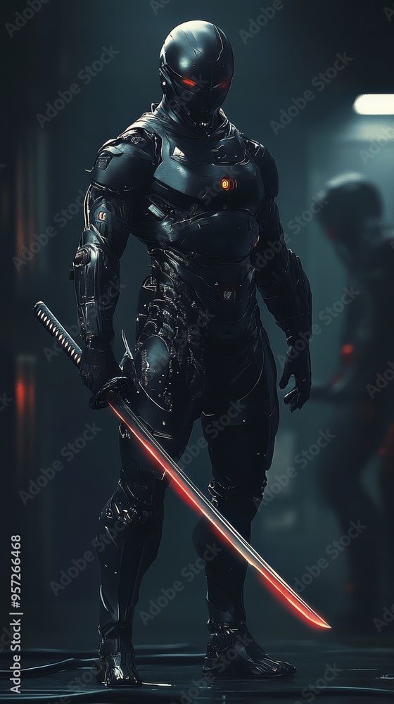 Poster futuristic hero character design concept in a high tech environment with glowing sword ready for act