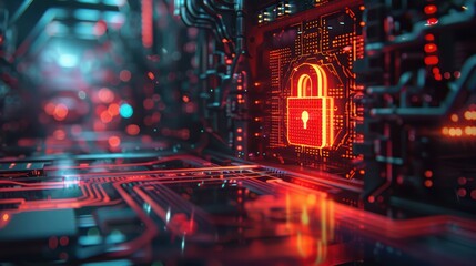 Obraz premium A futuristic digital lock symbol glowing in red on a circuit board, symbolizing cybersecurity and data protection technology.