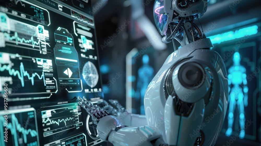 Poster a futuristic robot interfacing with advanced technology, analyzing data on glowing screens in a high
