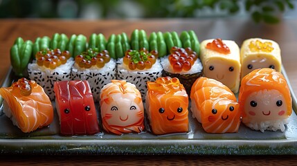 A platter of colorful and cute sushi with smiling faces.