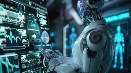 Fototapeta premium A futuristic robot interfacing with advanced technology, analyzing data on glowing screens in a high-tech environment.