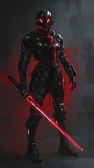 Obraz premium Futuristic game hero stands ready for battle in a dramatic setting showcasing stunning character design for your mobile or desktop wallpaper