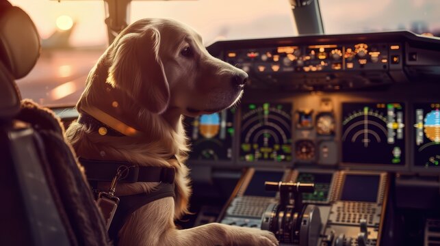 A golden retriever pilot in an aircraft cockpit, showcasing a unique blend of aviation and canine companionship during sunset.