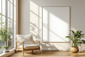 Fototapeta premium Poster Frame in Beige minimalist living room interior created with generative AI