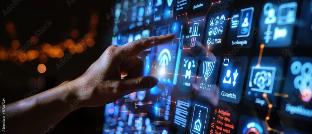 Poster a hand interacting with a digital touchscreen displaying various technology icons in a modern interf